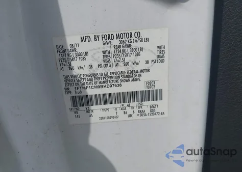 2011 Ford F-150 Xl из США, поврежденный, VIN 1FTMF1CM9BKD97638